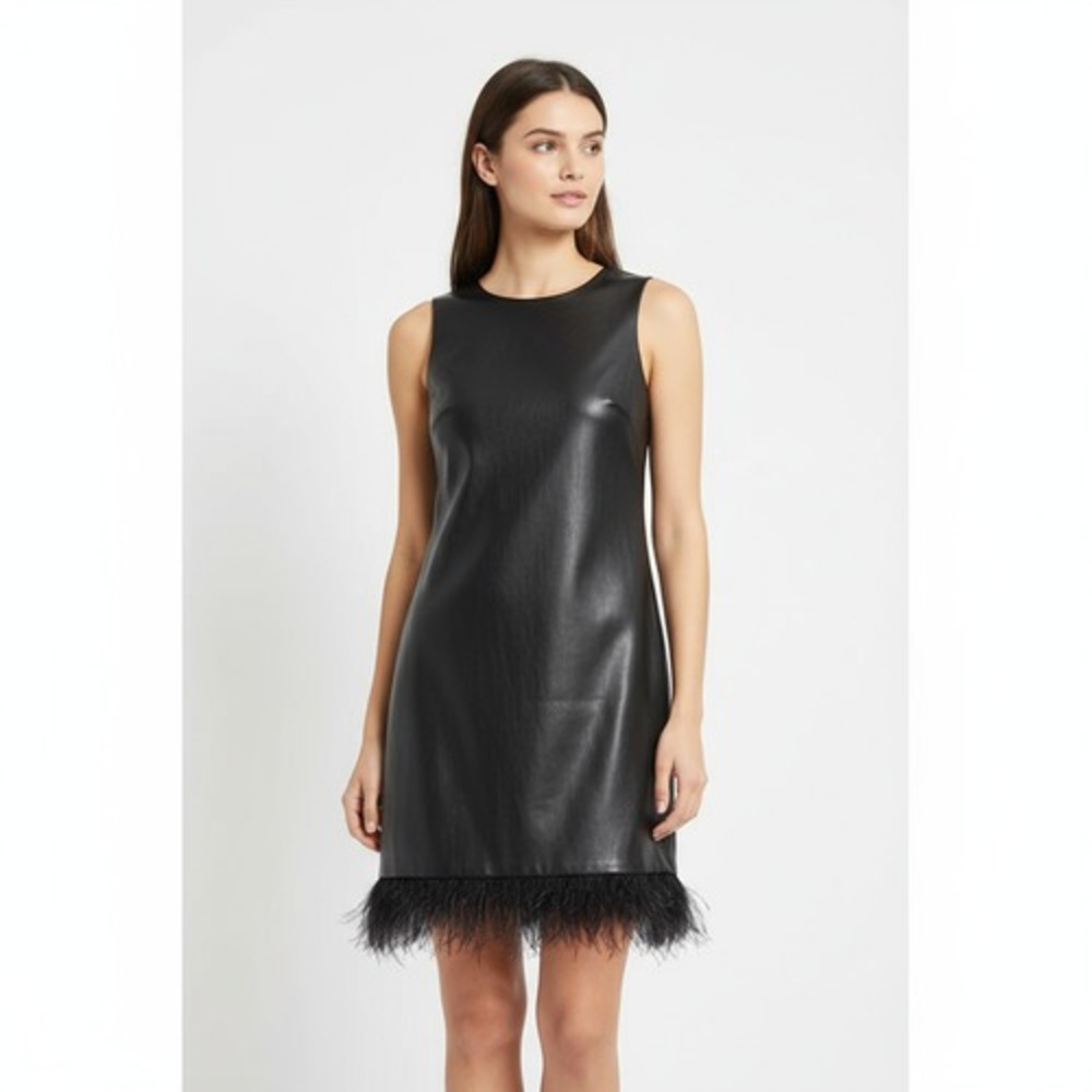 Black Faux Leather Feather Trim Shift Dress Sleeveless Mini szโ S